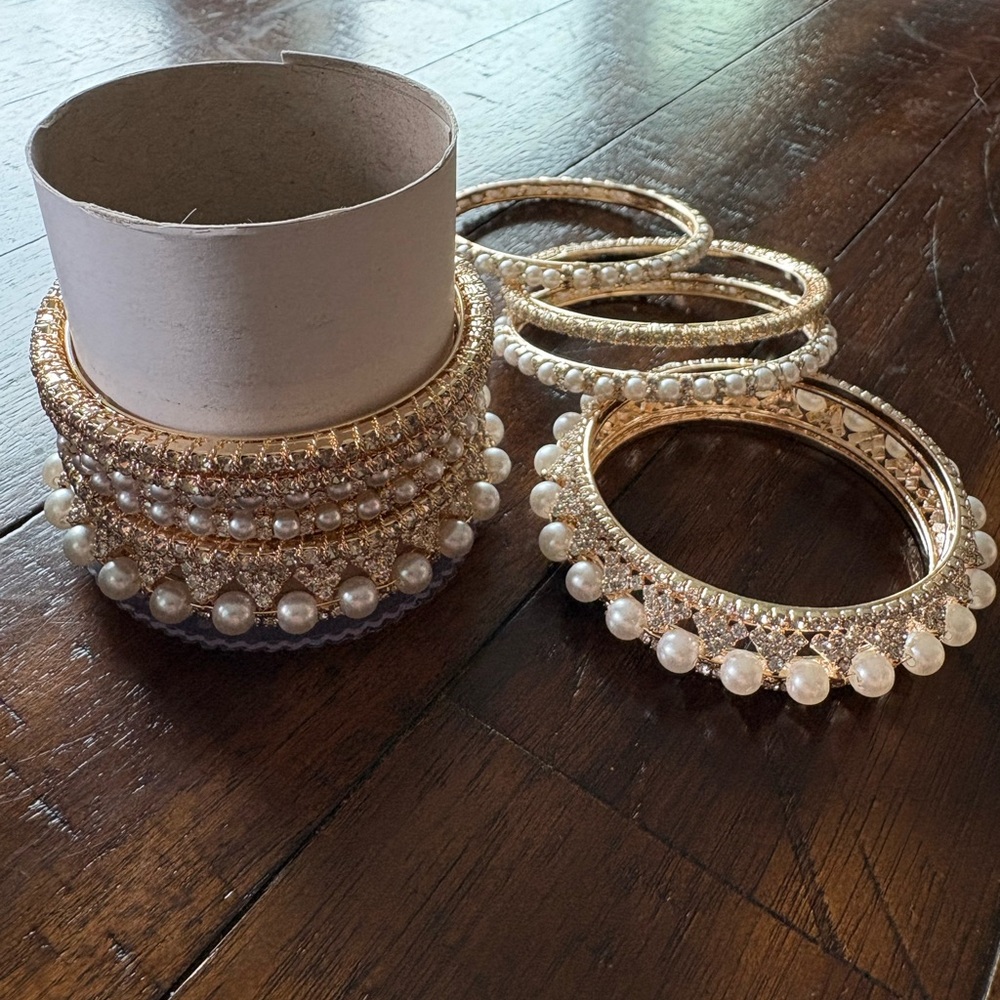 Elegant Gold and Pearl Bangle Set